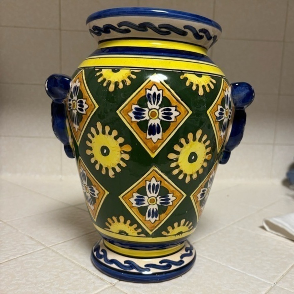 Mediterranean Vintage Hand Painted Vase Blue, Yellow, and whitete